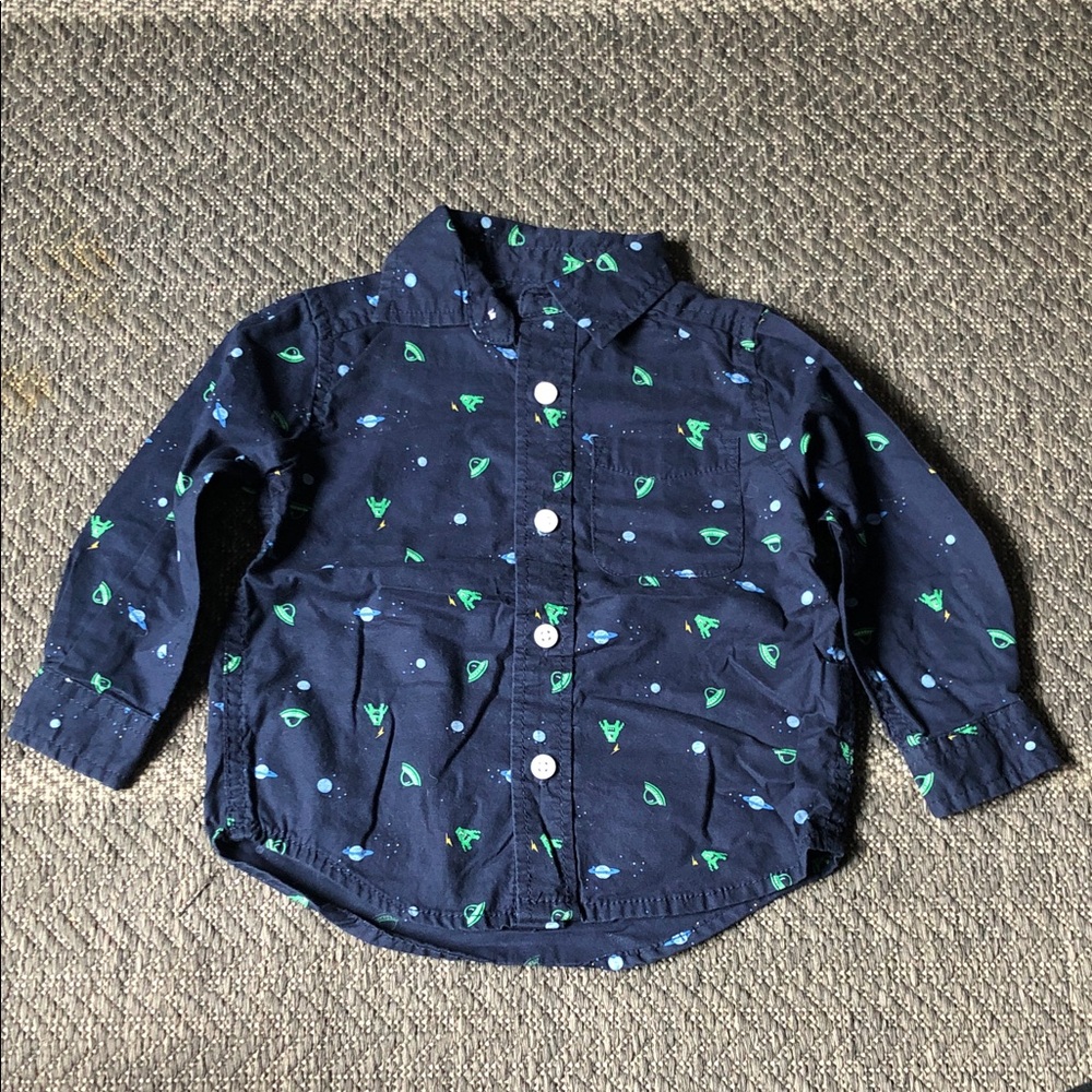 The Children's Place Navy Button-Down Shirt with alien Green & Light Blue Print